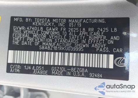 2019 Lexus Es 350 from USA, damaged, VIN 58ABZ1B1XKU039995